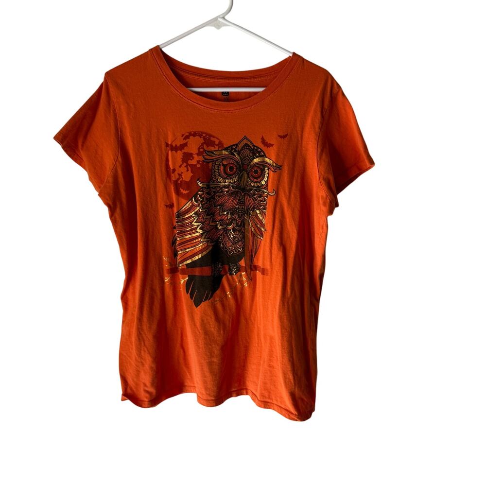 Orange Halloween Owl Graphic Tee Women's XL‎ Foil Print Fall T-Shirt